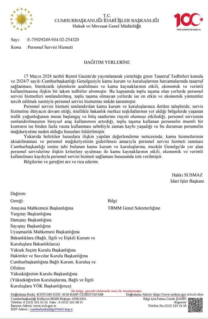 Personel Servis Hizmetinin Tekrar Aktif Edilmesi Yerinde Bir Karardır